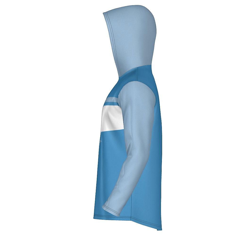 Blue hoodie with contrasting hood & sleeves and white horizontal stripe on a white background