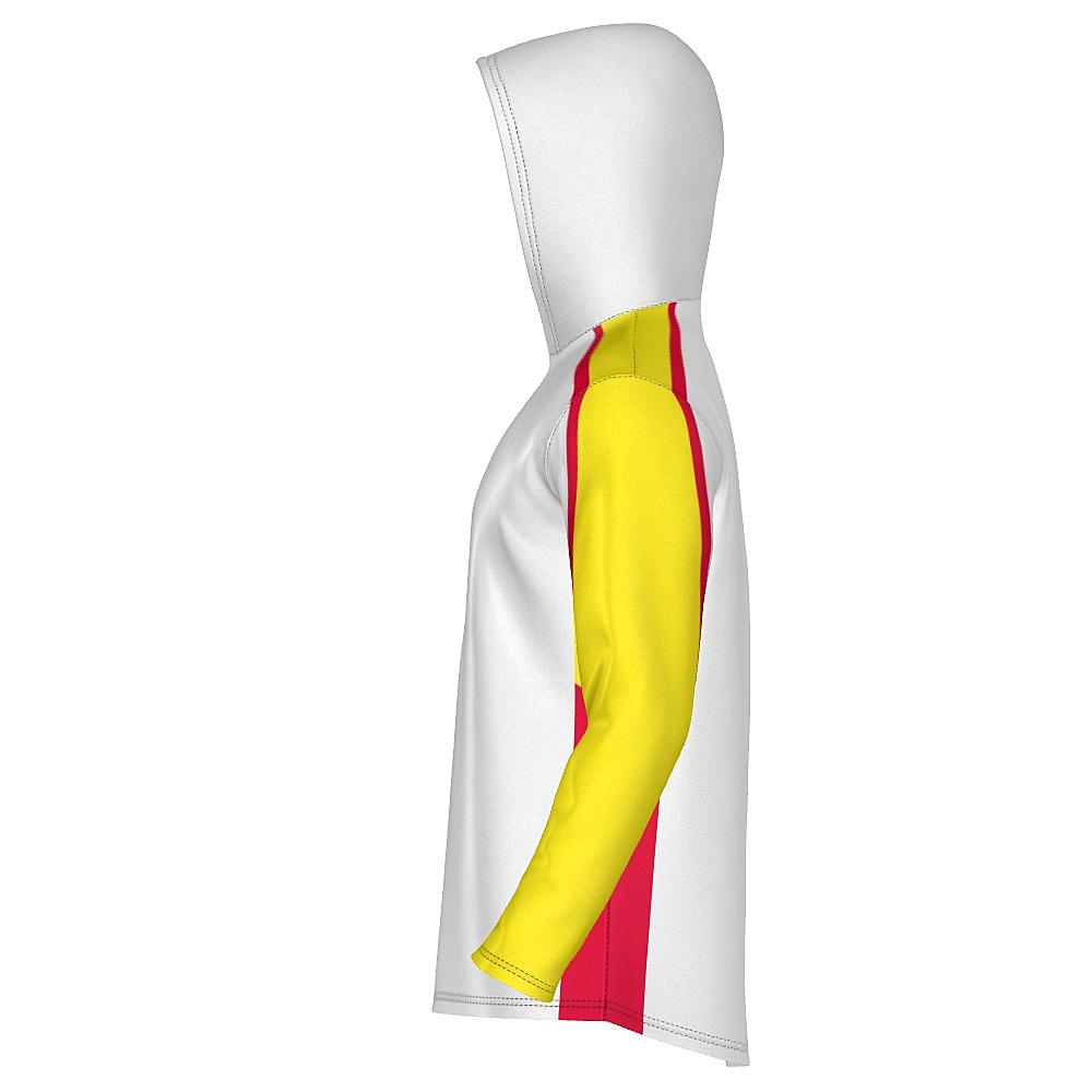 White hoodie with yellow and red accents on a white background