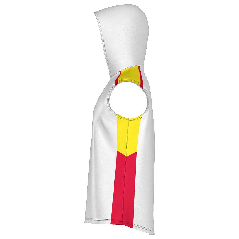 White sleeveless hoodie with yellow and red accents on a white background