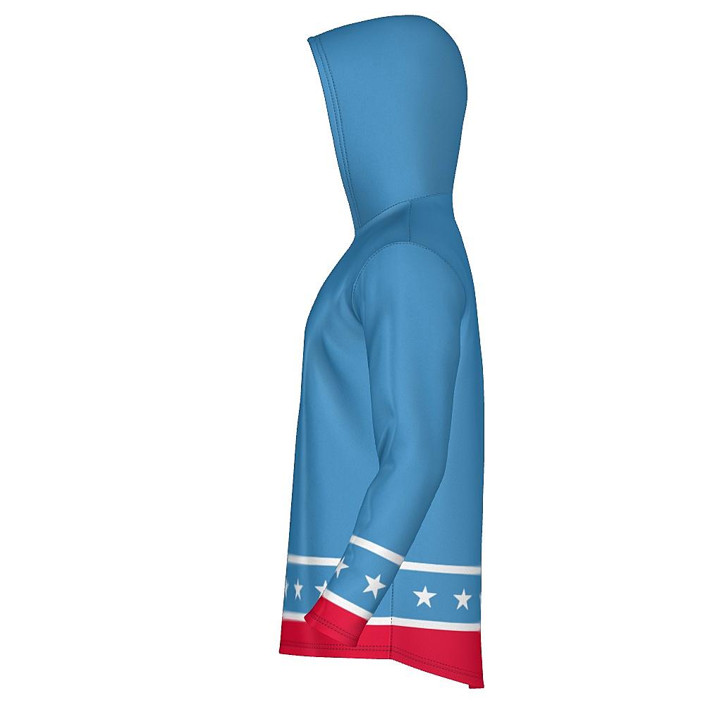 Blue hoodie with white stars and red stripes on a white background