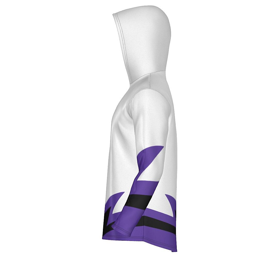 White hoodie with black and purple accents on a white background
