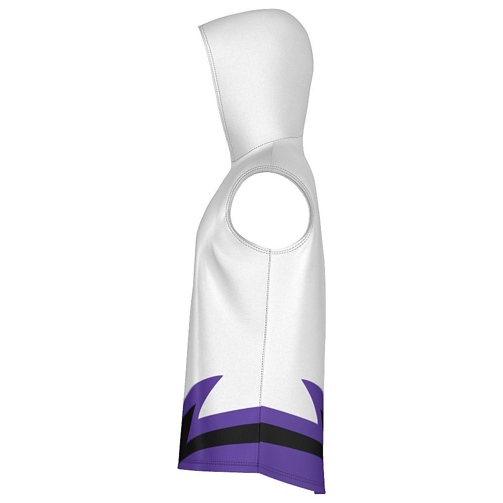 White sleeveless hoodie with black and purple accents on a white background