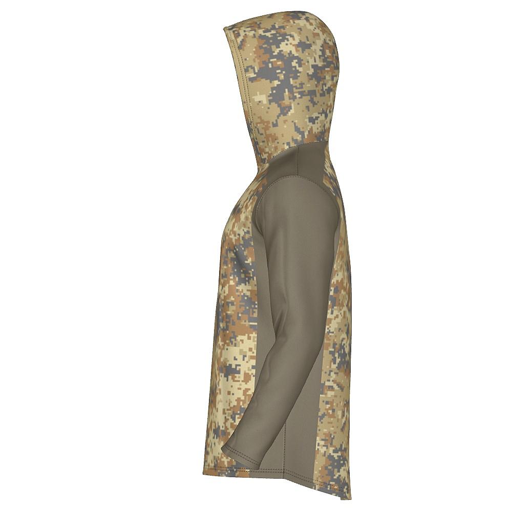 Earth-tone hoodie with digital camo design on a white background