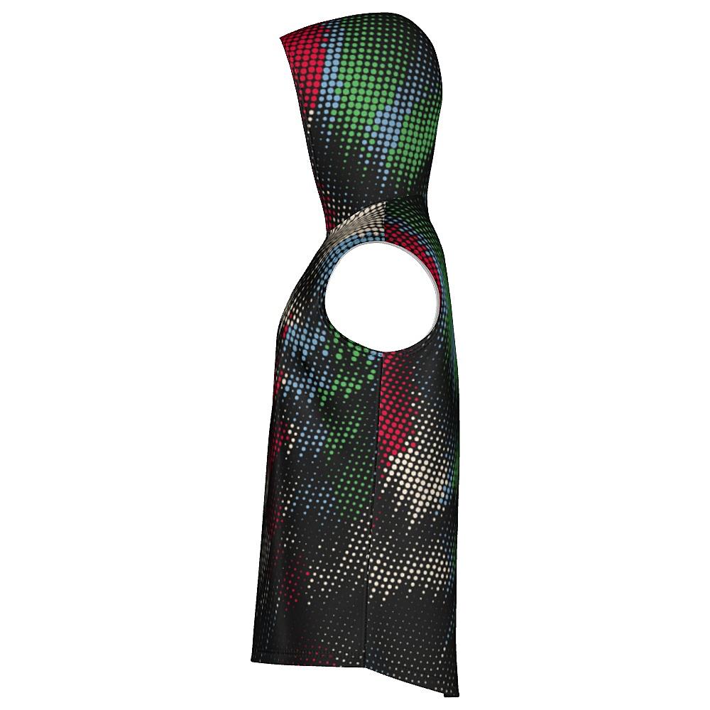 Black sleeveless hoodie with multicolored dot pattern on a white background