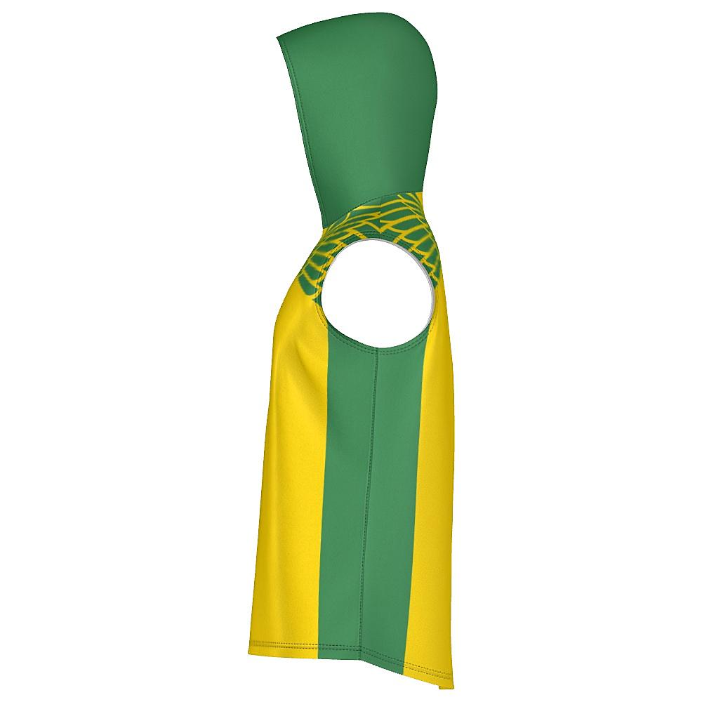 Yellow and green sleeveless hoodie with feather design on upper chest and back