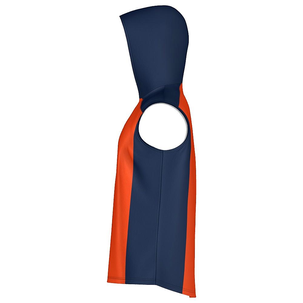 Orange sleeveless hoodie with navy sides and hood on a white background