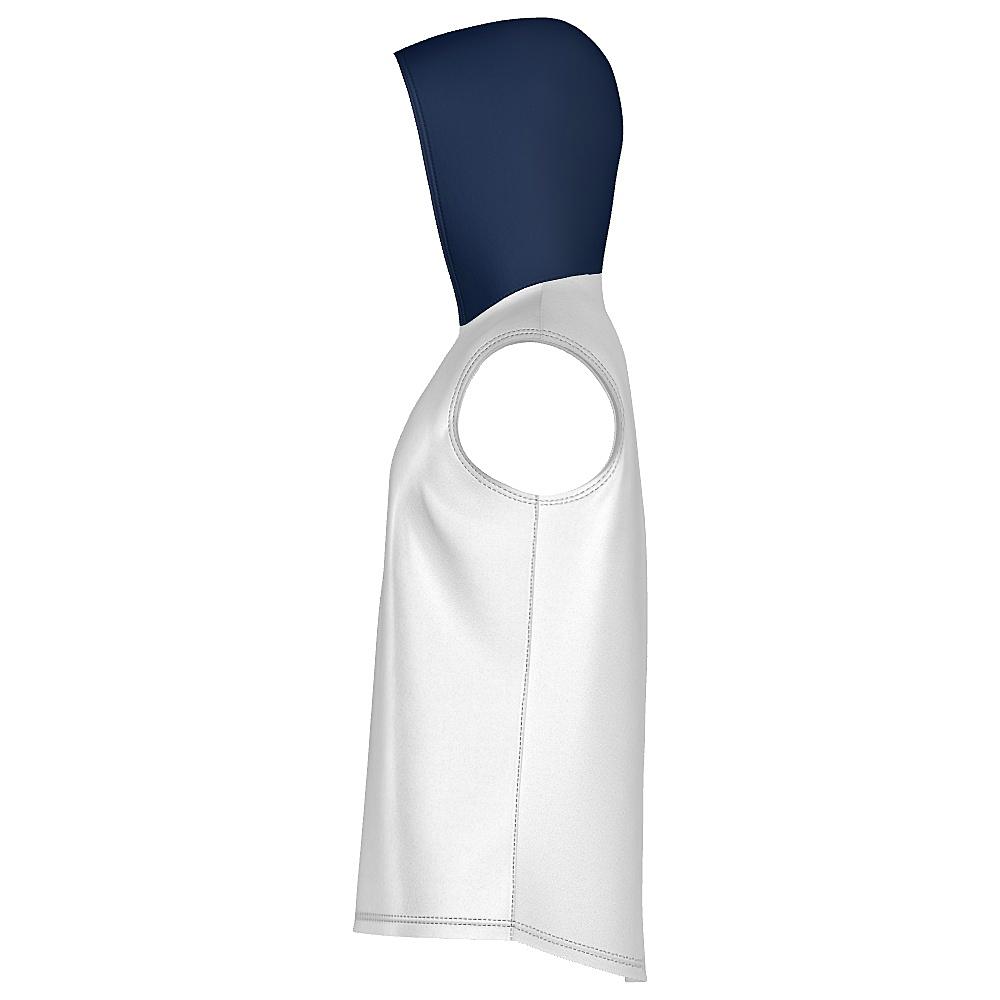 White short-sleeve hoodie with navy hood on a white background