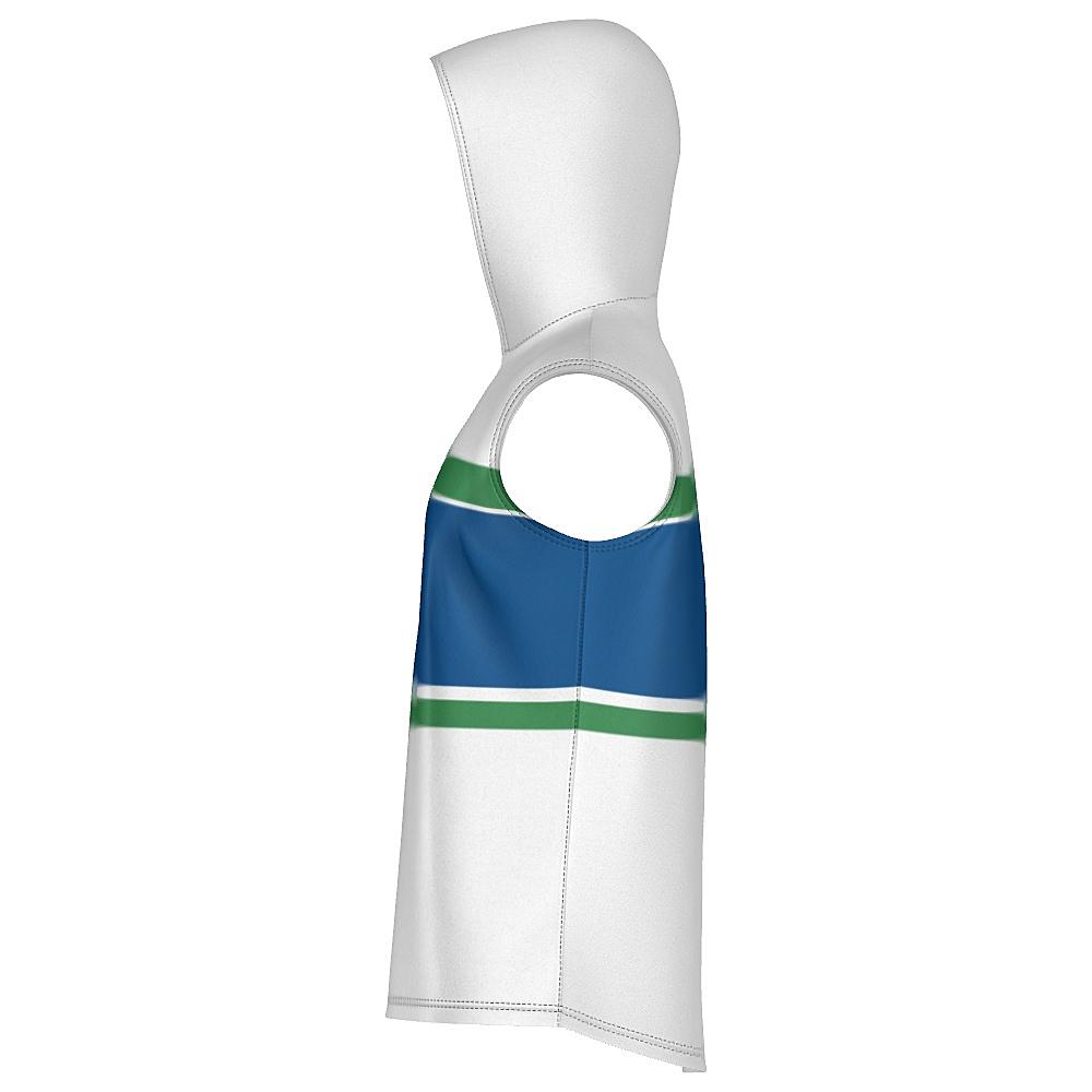 White, blue and green sleeveless hoodie on a white background