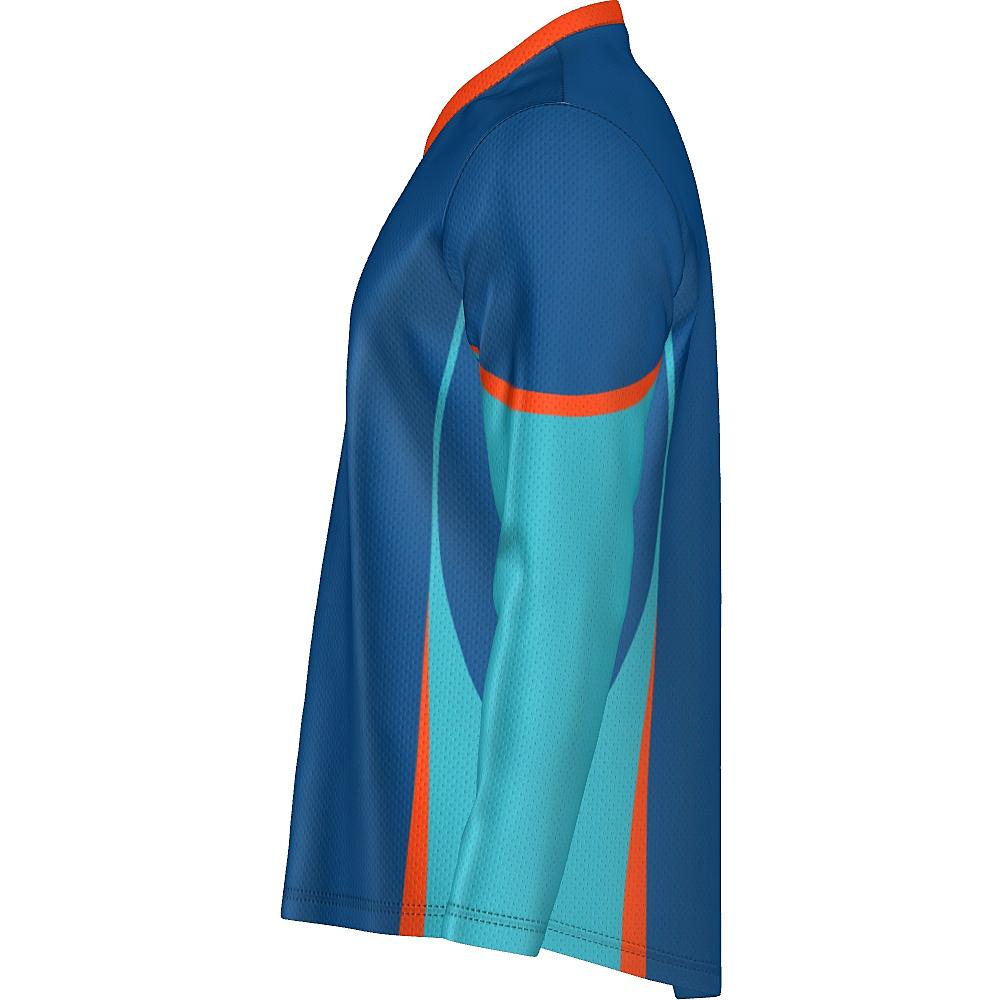 Blue long-sleeve top with teal and orange accents on a white background