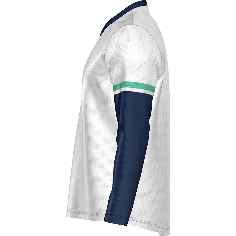 White long-sleeve shirt with navy and green accents on a white background