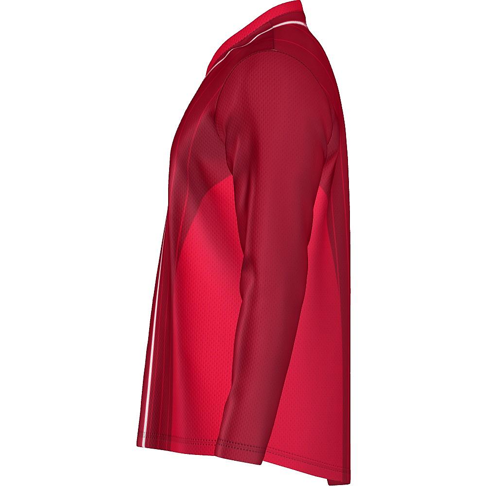 Red long-sleeve shirt with pinstripe design on a white background