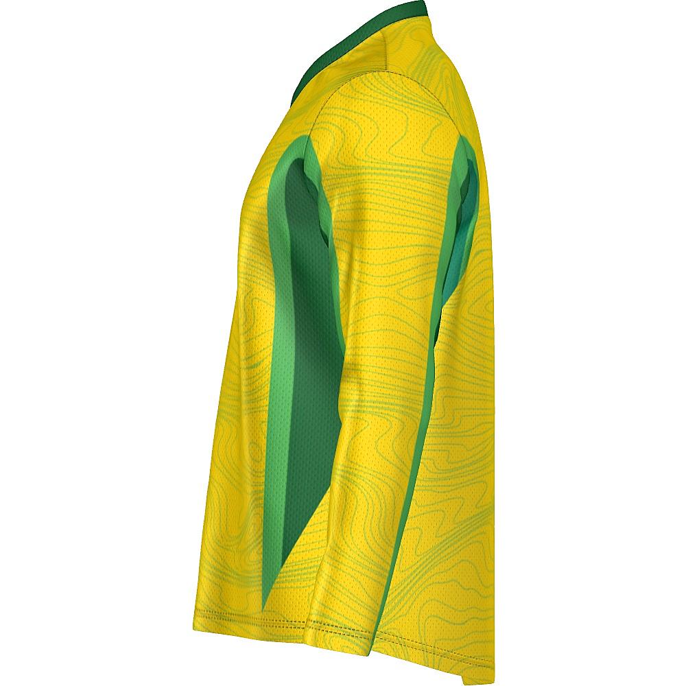 Yellow long-sleeve shirt with topography design and green accents on a white background