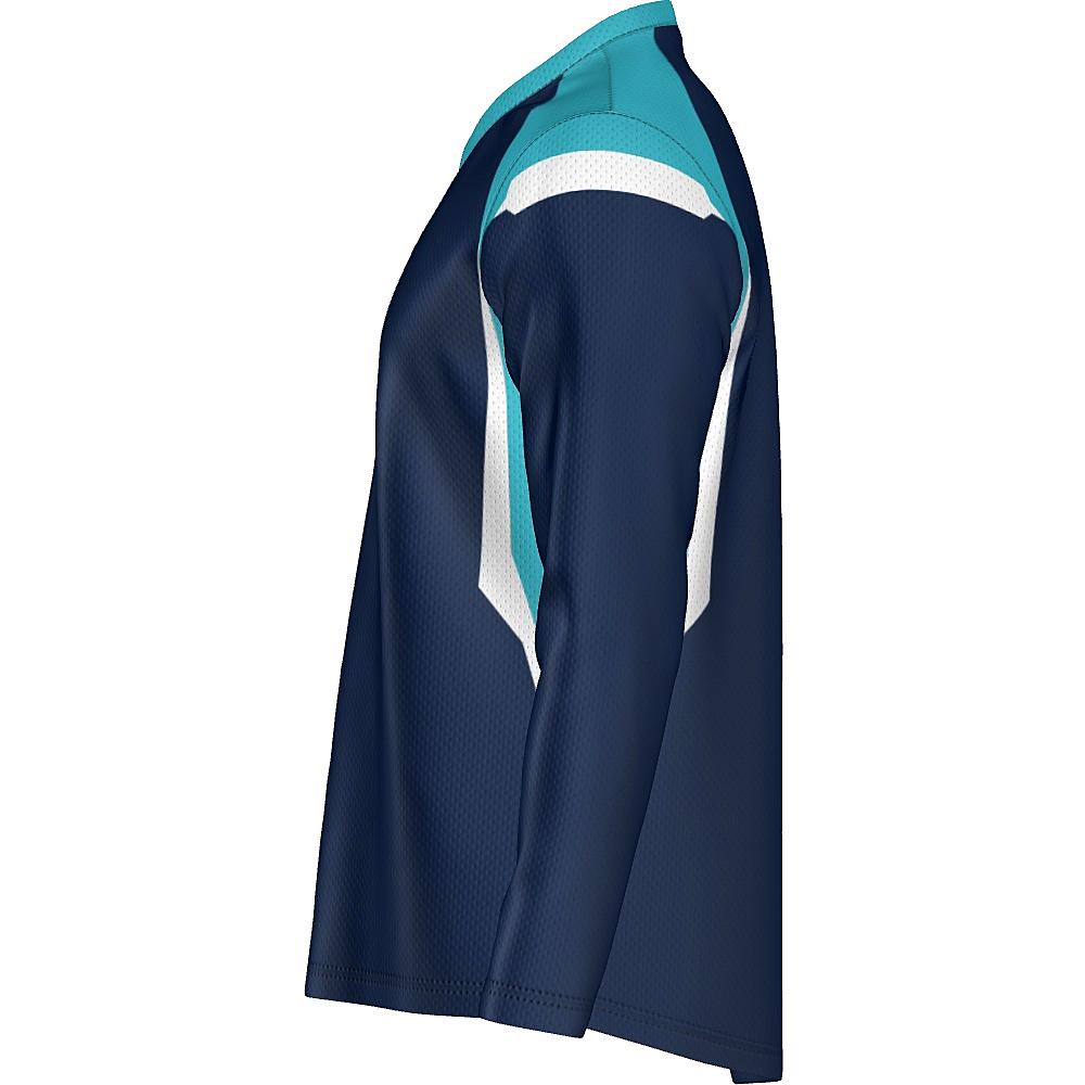 Navy long-sleeve shirt with light blue and white accents on a white background