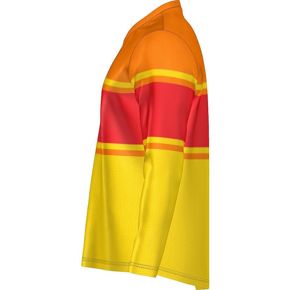 Red, orange and yellow long-sleeve shirt on a white background