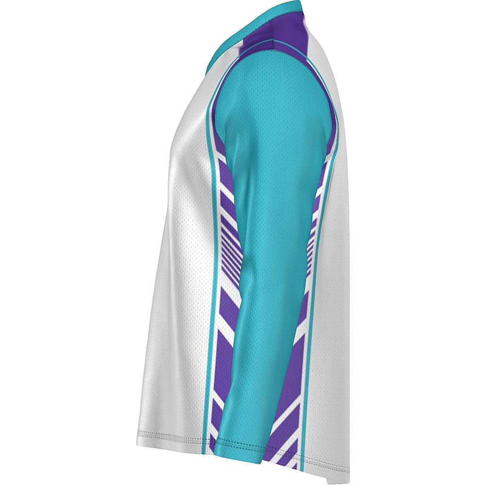 White long-sleeve shirt with teal and purple accents on a white background