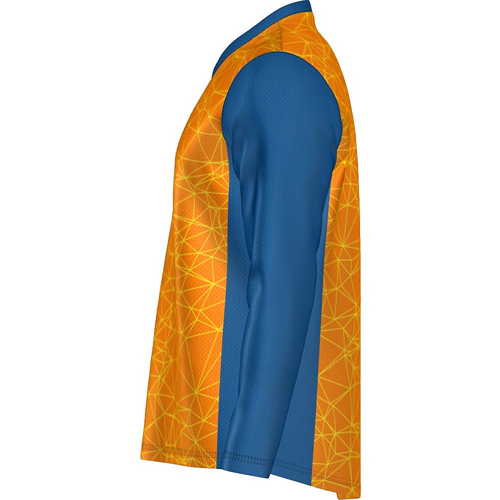 Orange long-sleeve shirt with yellow geometric design and blue accents on a white background