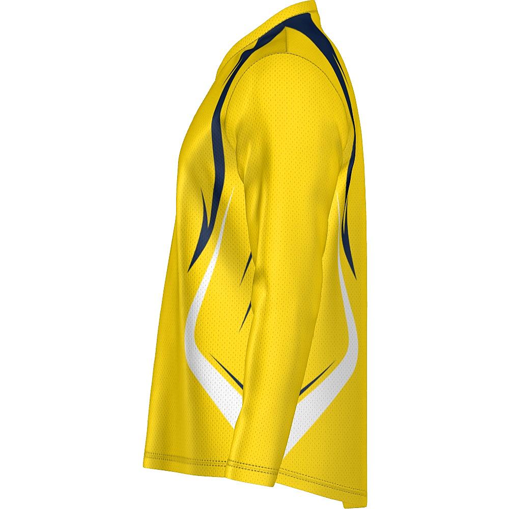Yellow long-sleeve shirt with navy and white accents on a white background
