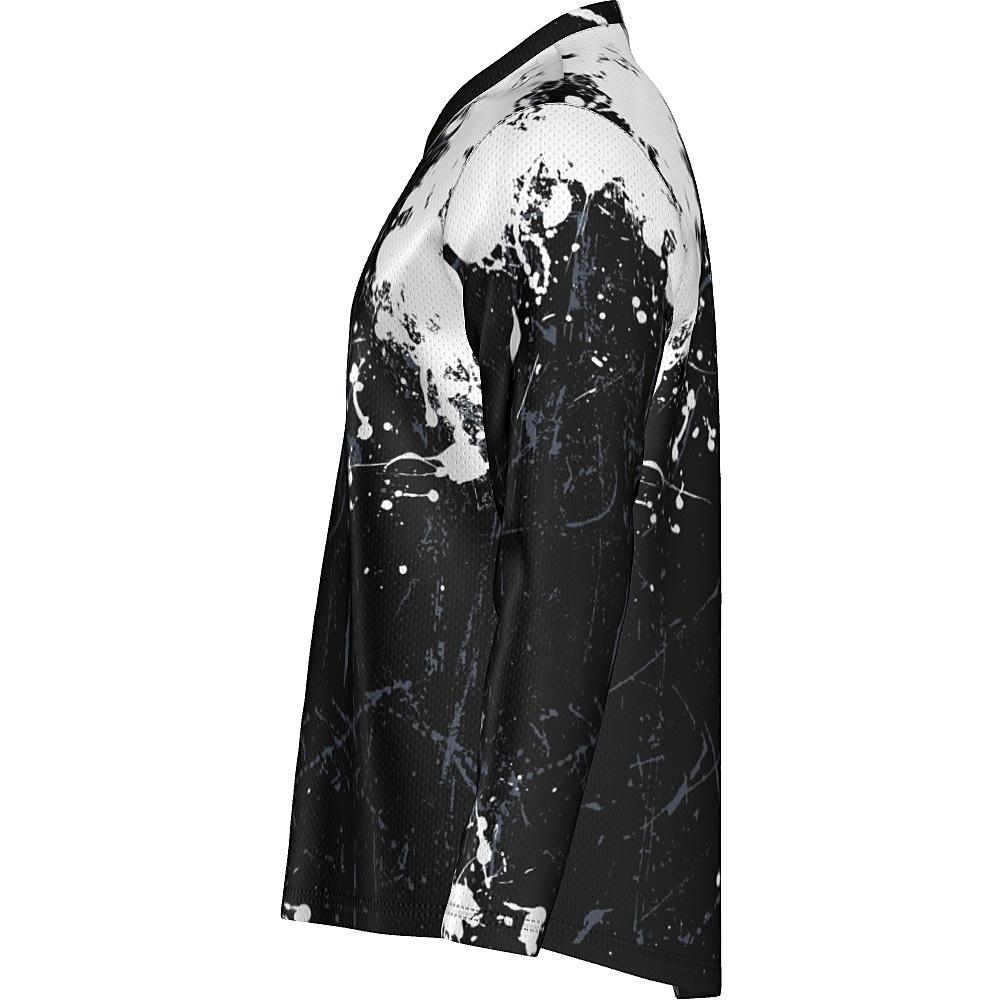 Black long-sleeve shirt with white and grey distressed design on a white background