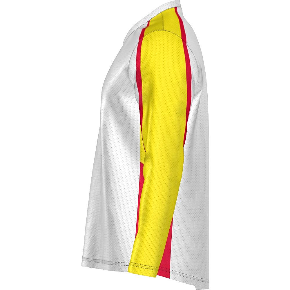 White long-sleeve shirt with yellow and red accents on a white background