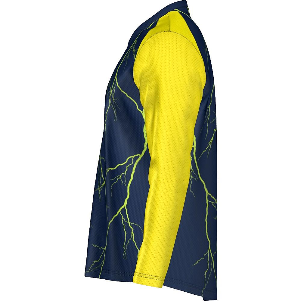 Navy long-sleeve shirt with yellow sleeves and lightning design on a white background