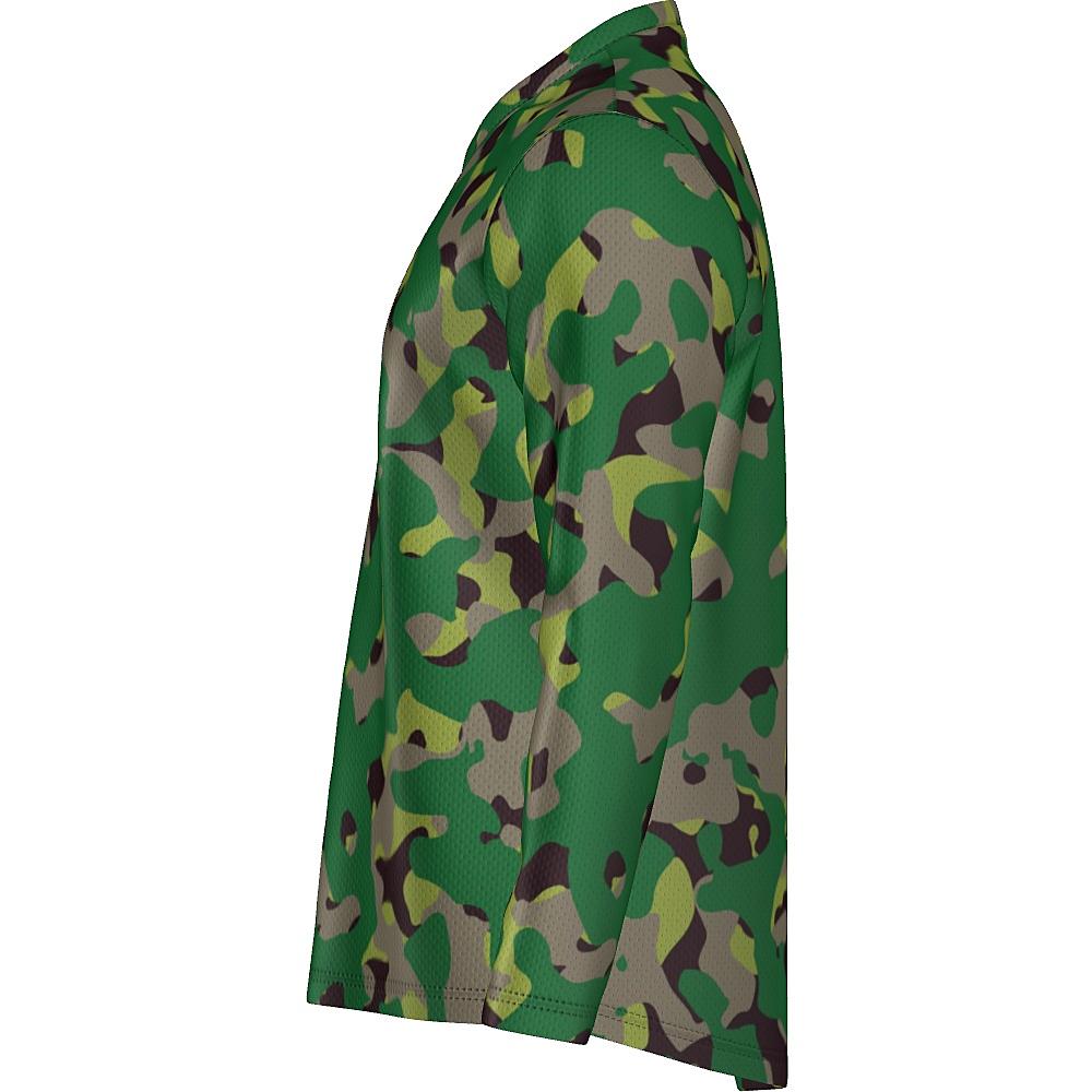Long-sleeve shirt with green camouflage design on a white background