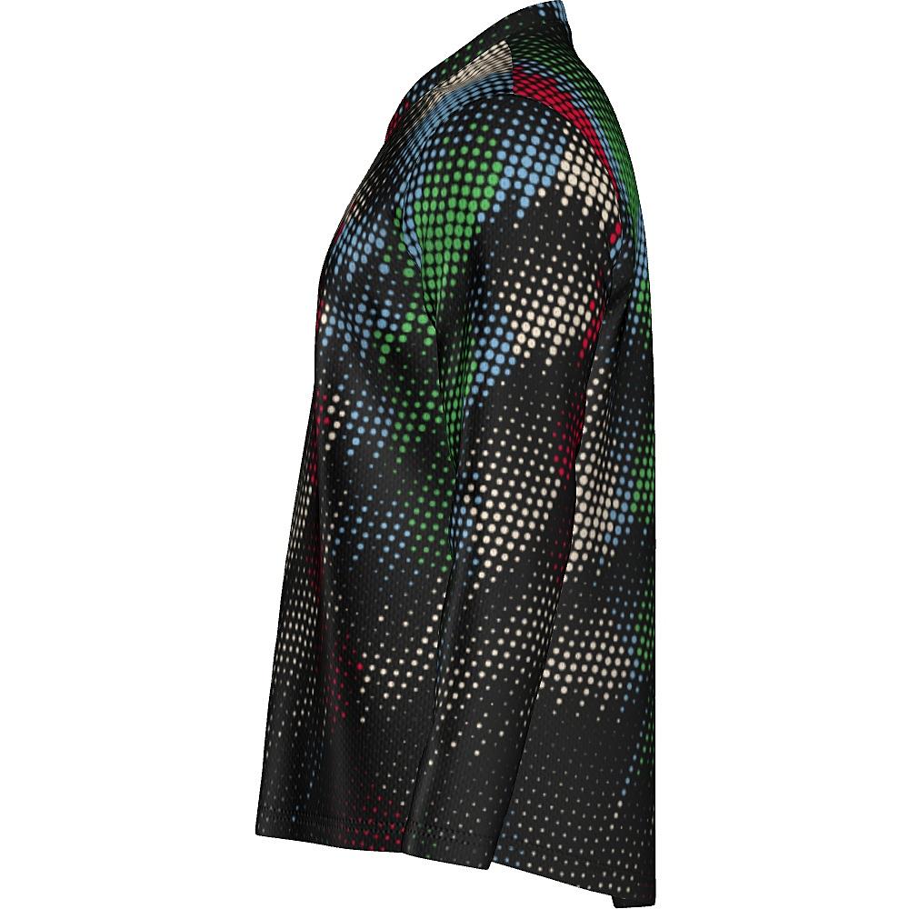 Black long-sleeve shirt with multicolored dot pattern on a white background