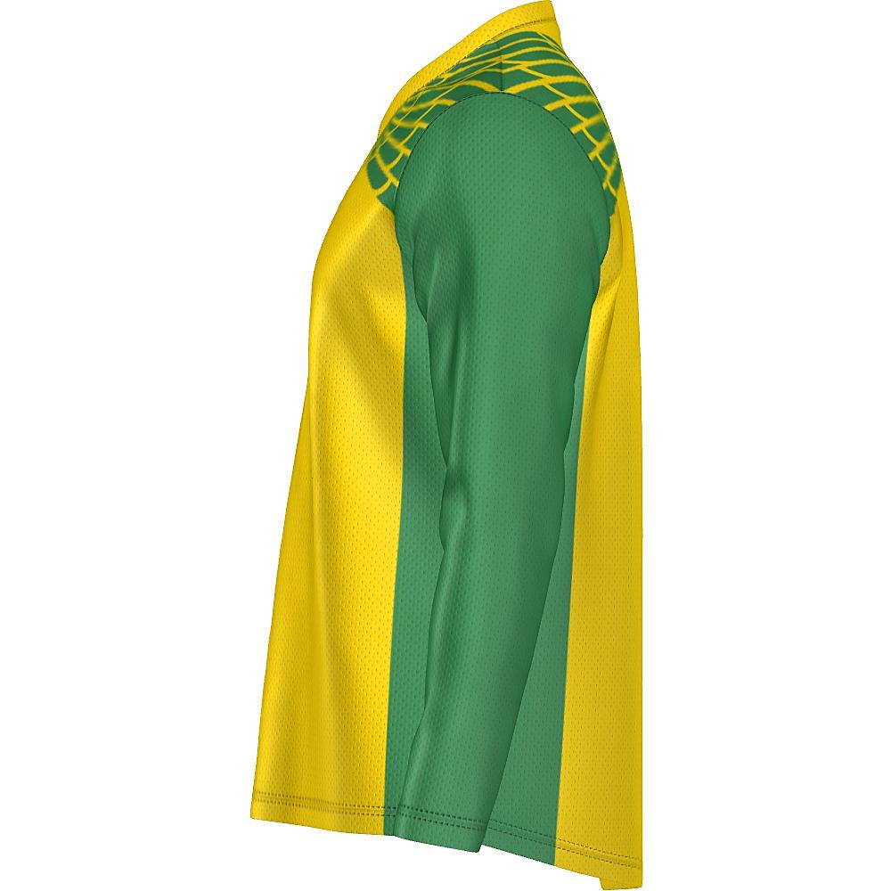 Yellow and green long-sleeve shirt with feather design on upper chest and back