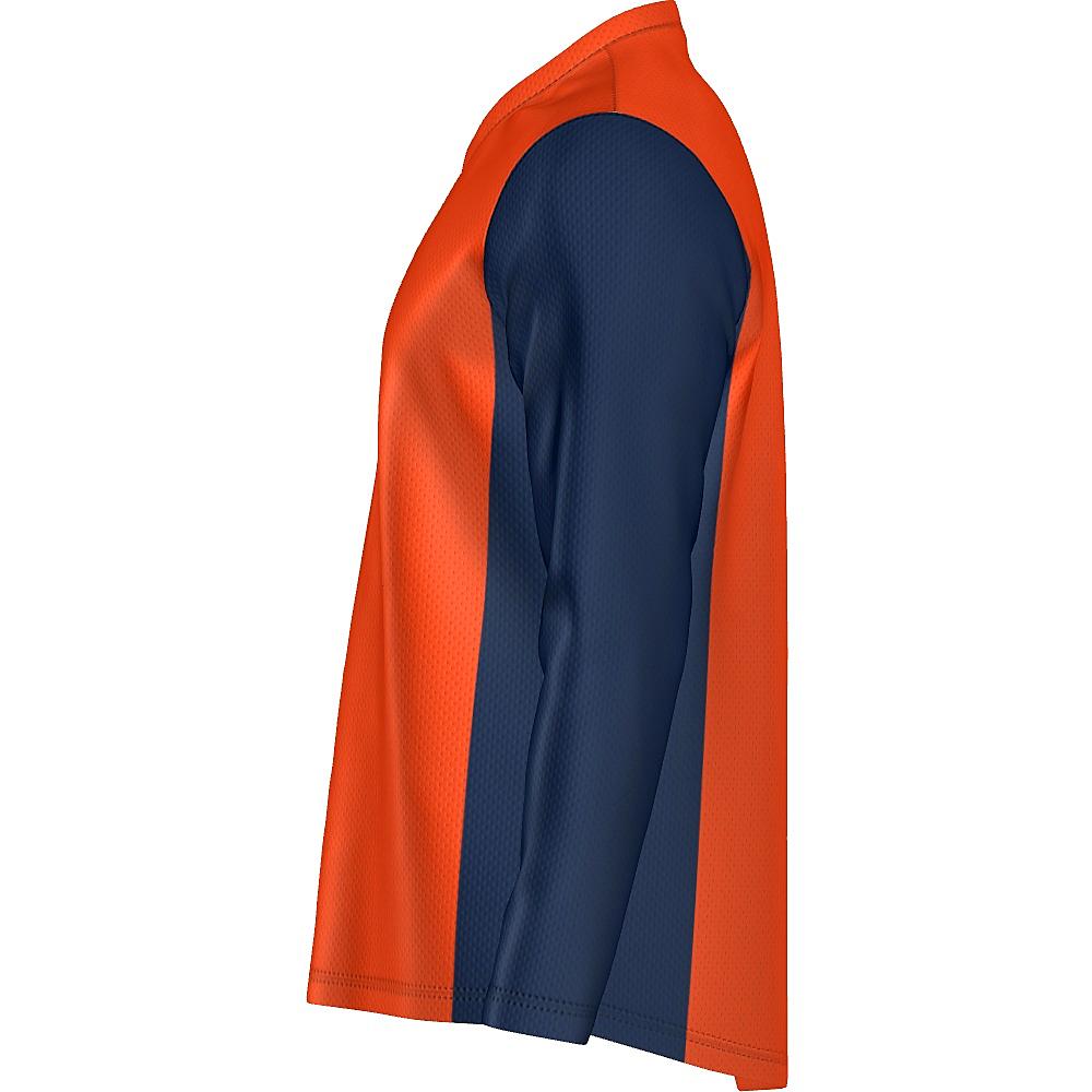 Orange long-sleeve shirt with navy sides and sleeves on a white background