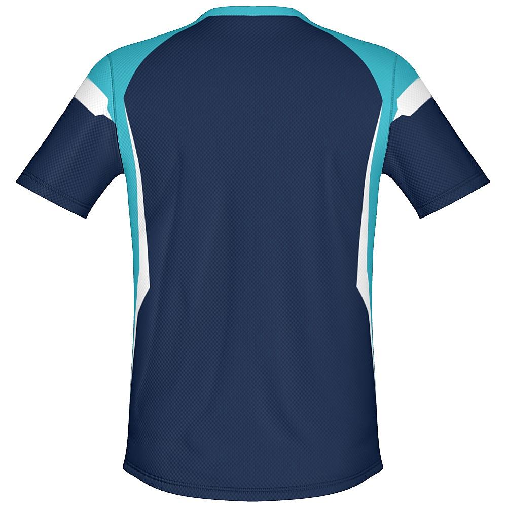 Navy shirt with light blue and white accents on a white background