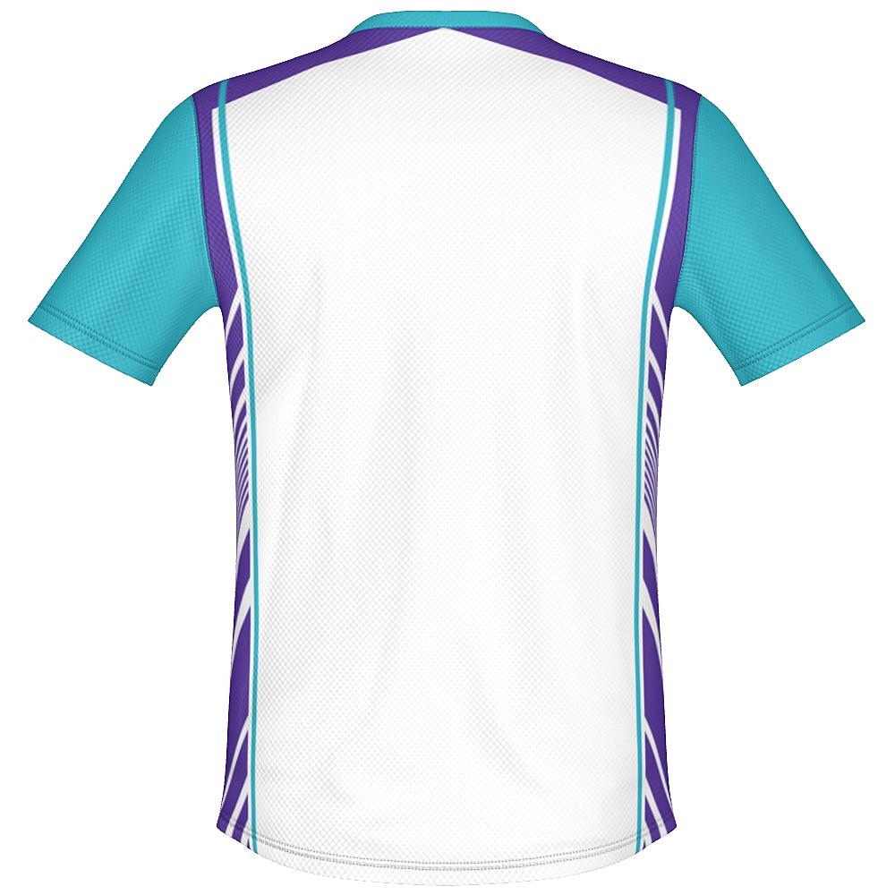 White shirt with teal and purple accents on a white background