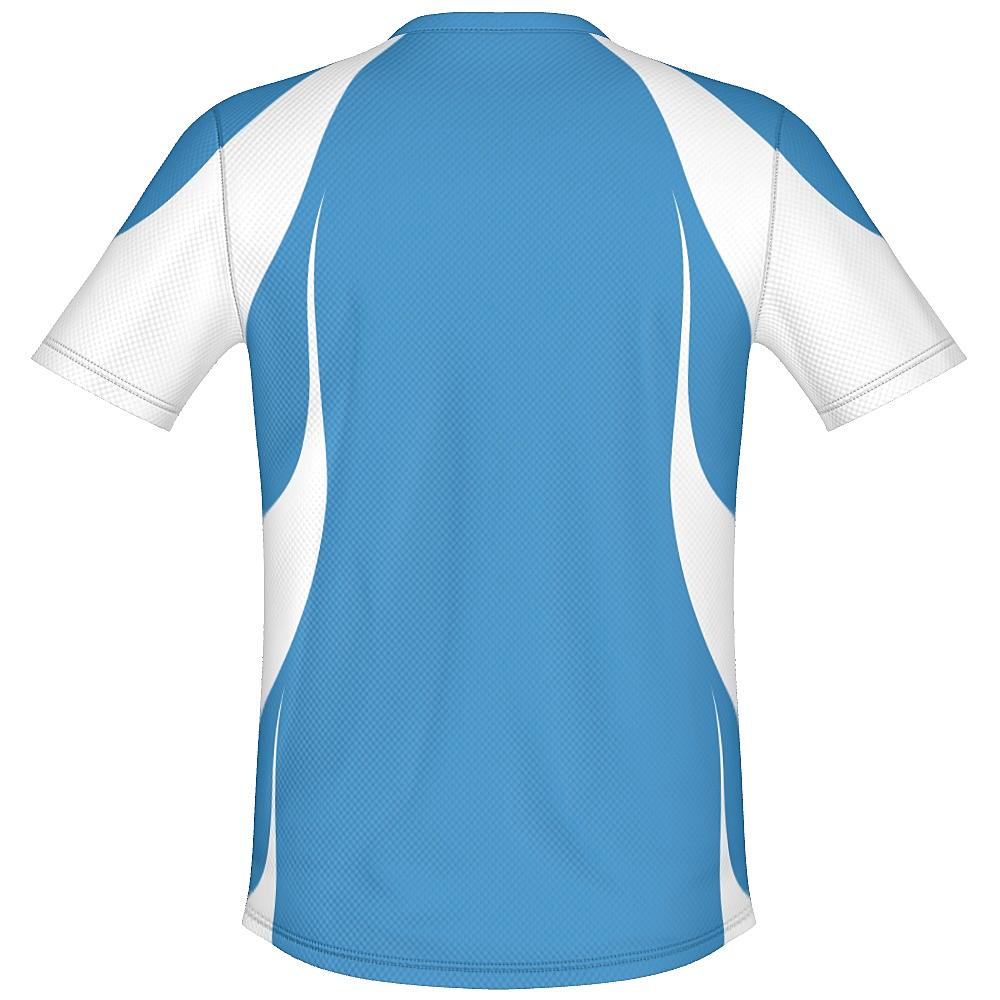Blue shirt with white accents on a white background