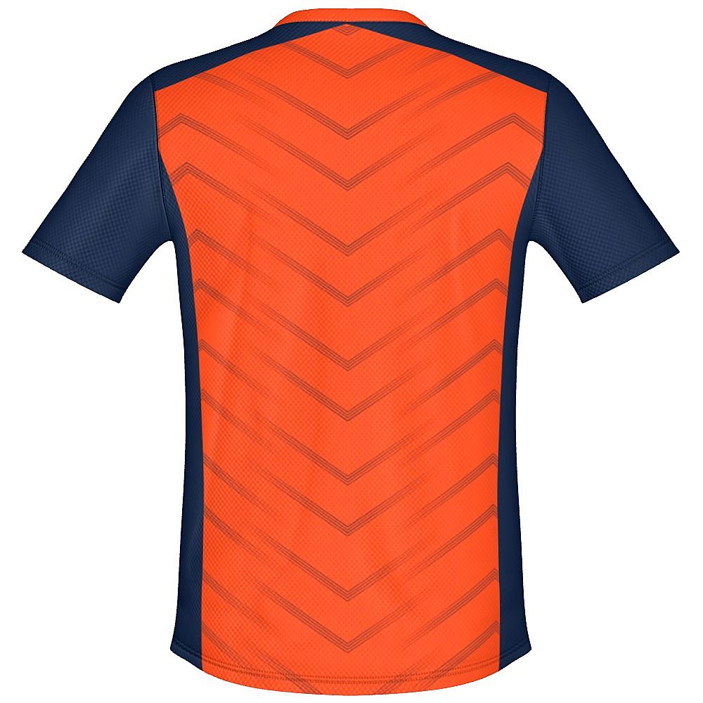 Orange shirt with navy accents and chevron design on a white background