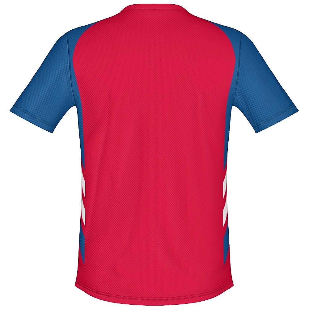 Red shirt with blue and white accents on a white background
