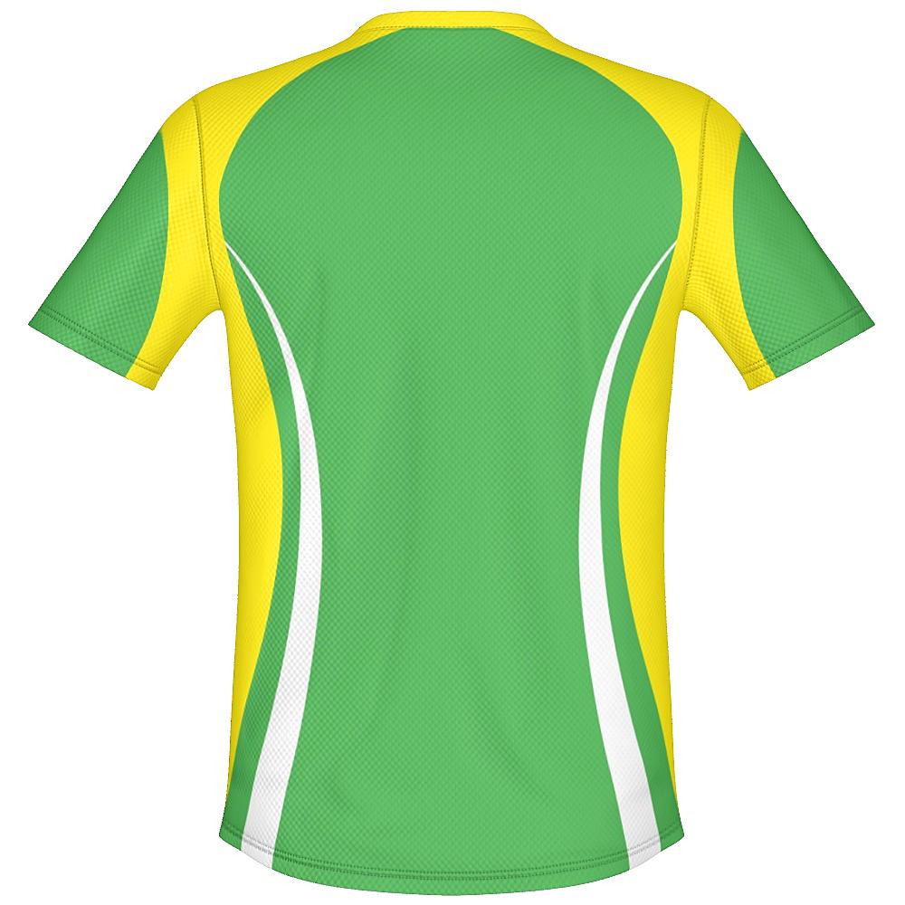 Green shirt with yellow and white accents on a white background