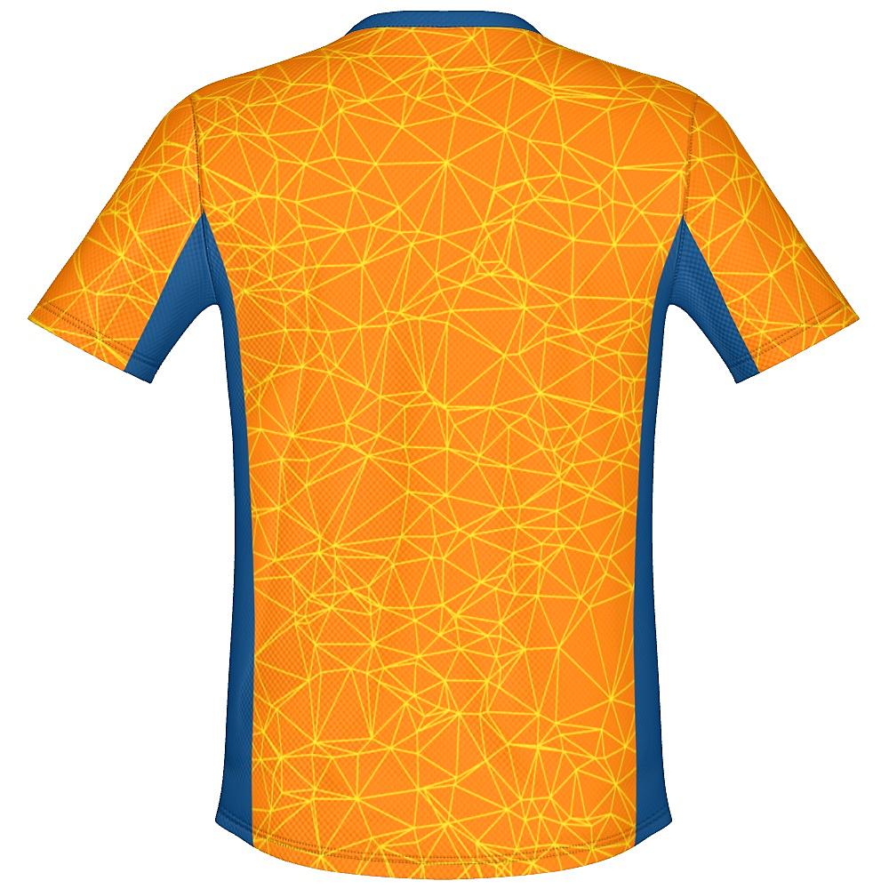 Orange shirt with yellow geometric design and blue accents on a white background