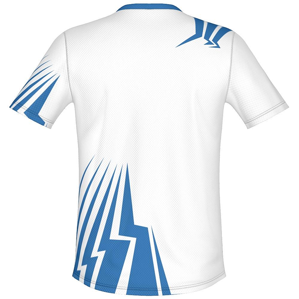White shirt with blue bolt-shaped accents on a white background