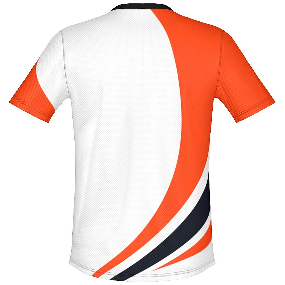 White shirt with black and orange curved stripes on a white background