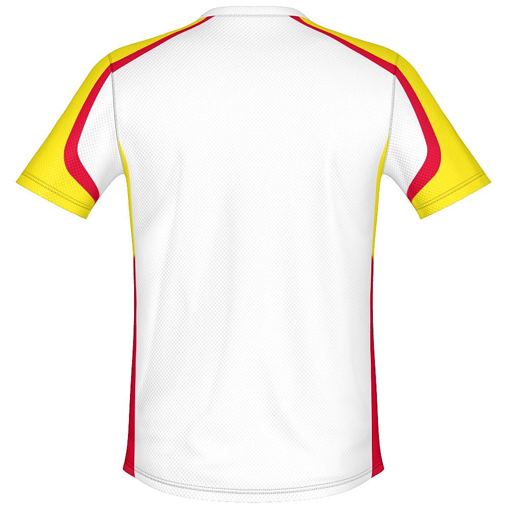 White shirt with yellow and red accents on a white background