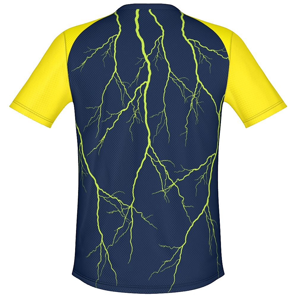 Navy shirt with yellow sleeves and lightning design on a white background