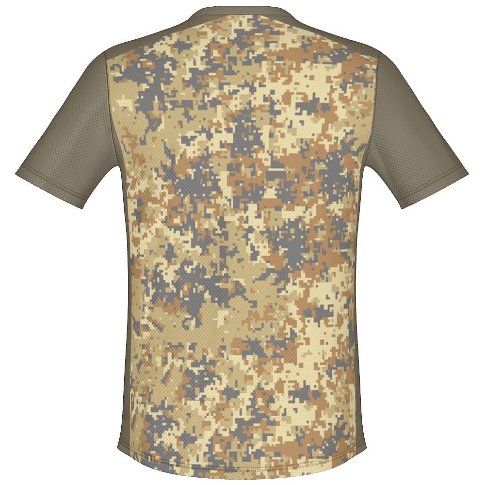 Earth-tone shirt with digital camo design on a white background