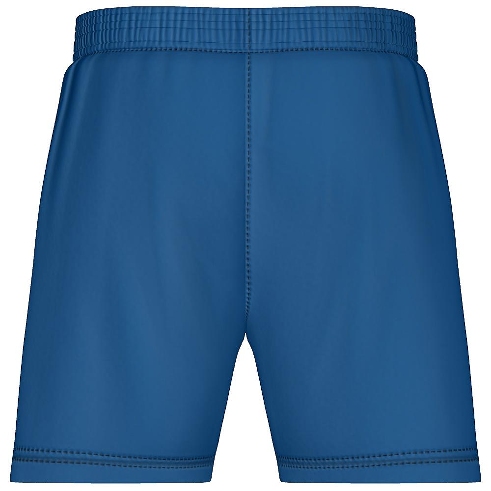 Blue shorts with white side stripe on a white background