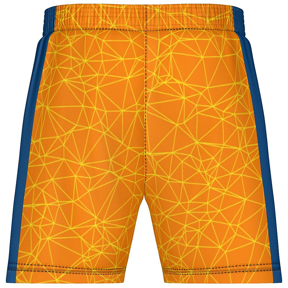 Orange shorts with yellow geometric design and blue accents on a white background