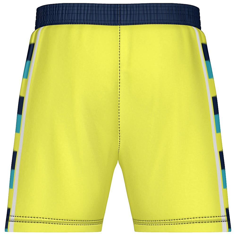 Yellow shorts with striped side panels on a white background