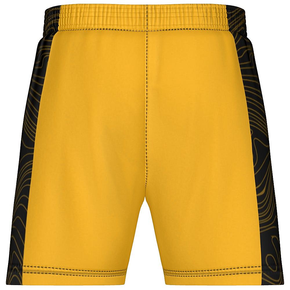 Gold shorts with black side panels featuring topographic design, on a white background