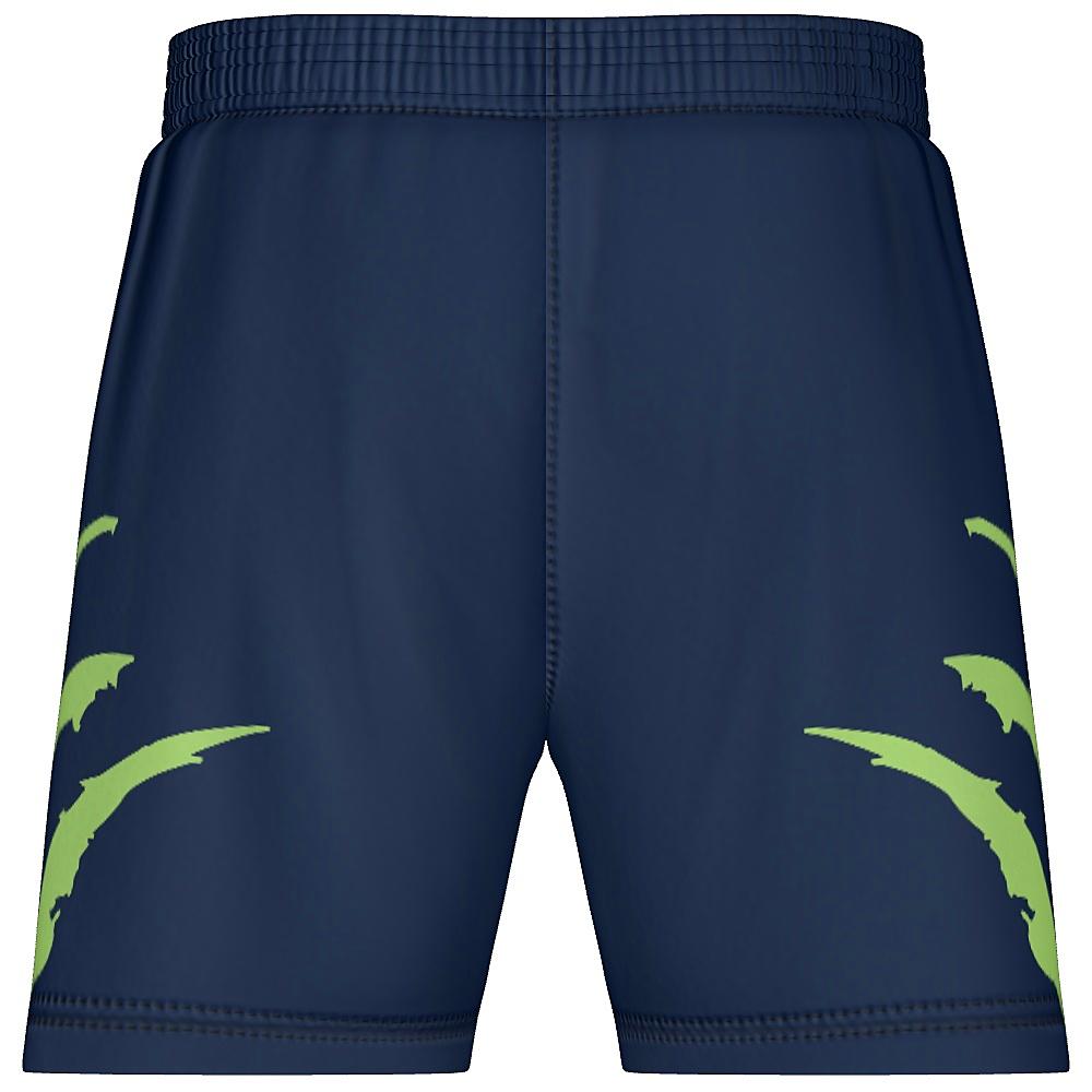 Navy shorts with green accents on a white background