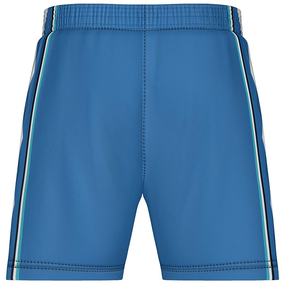Blue shorts with white and black argyle design on side panels