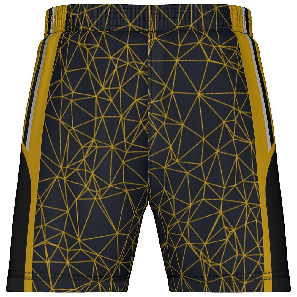 Black shorts with yellow geometric design and side panels on a white background