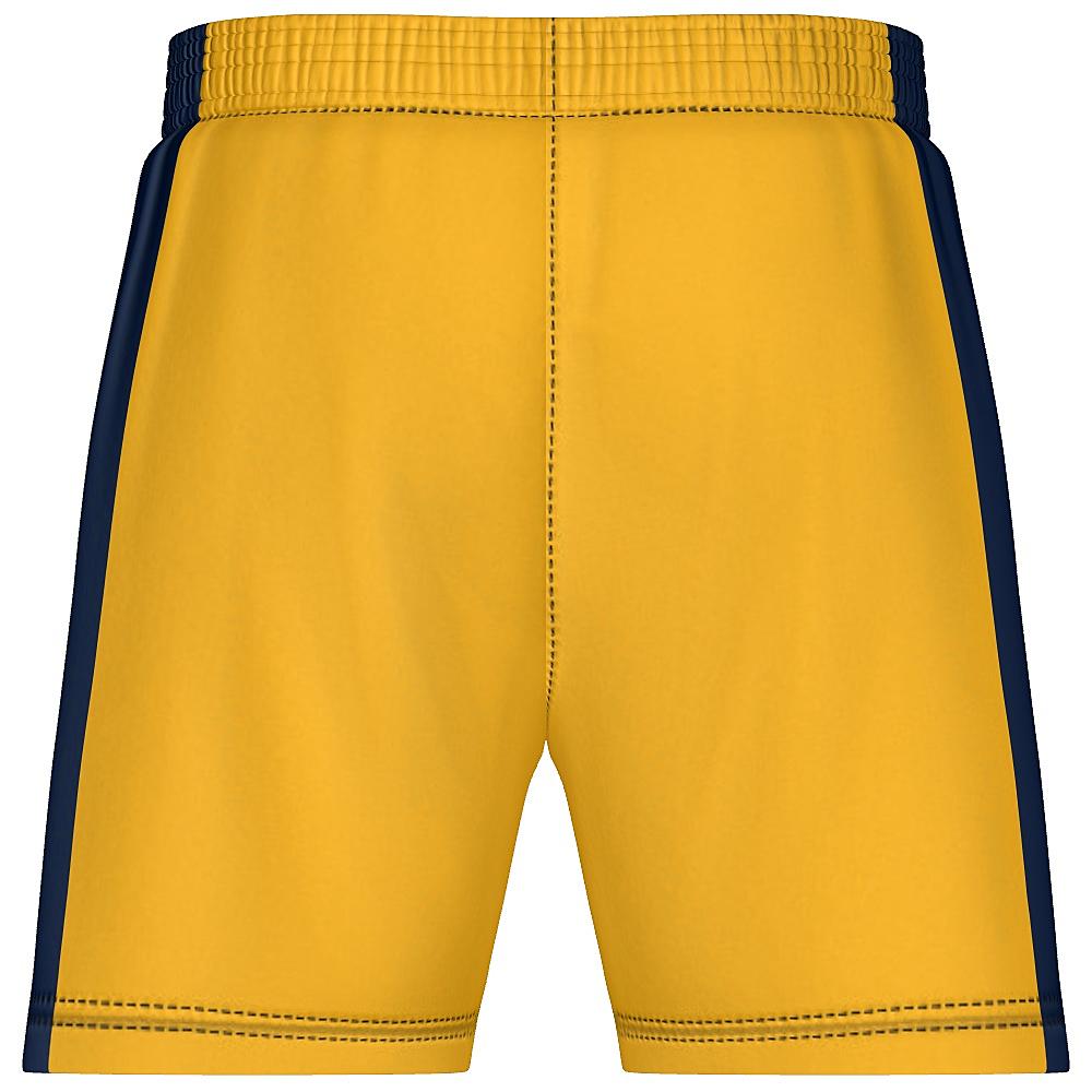 Gold shorts with navy side panels on a white background