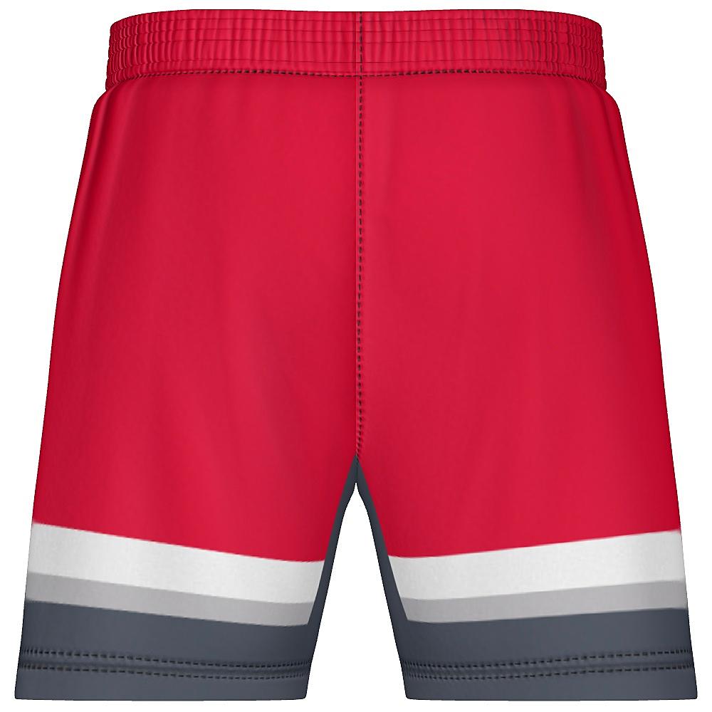 Red shorts with grey and white accents on a white background