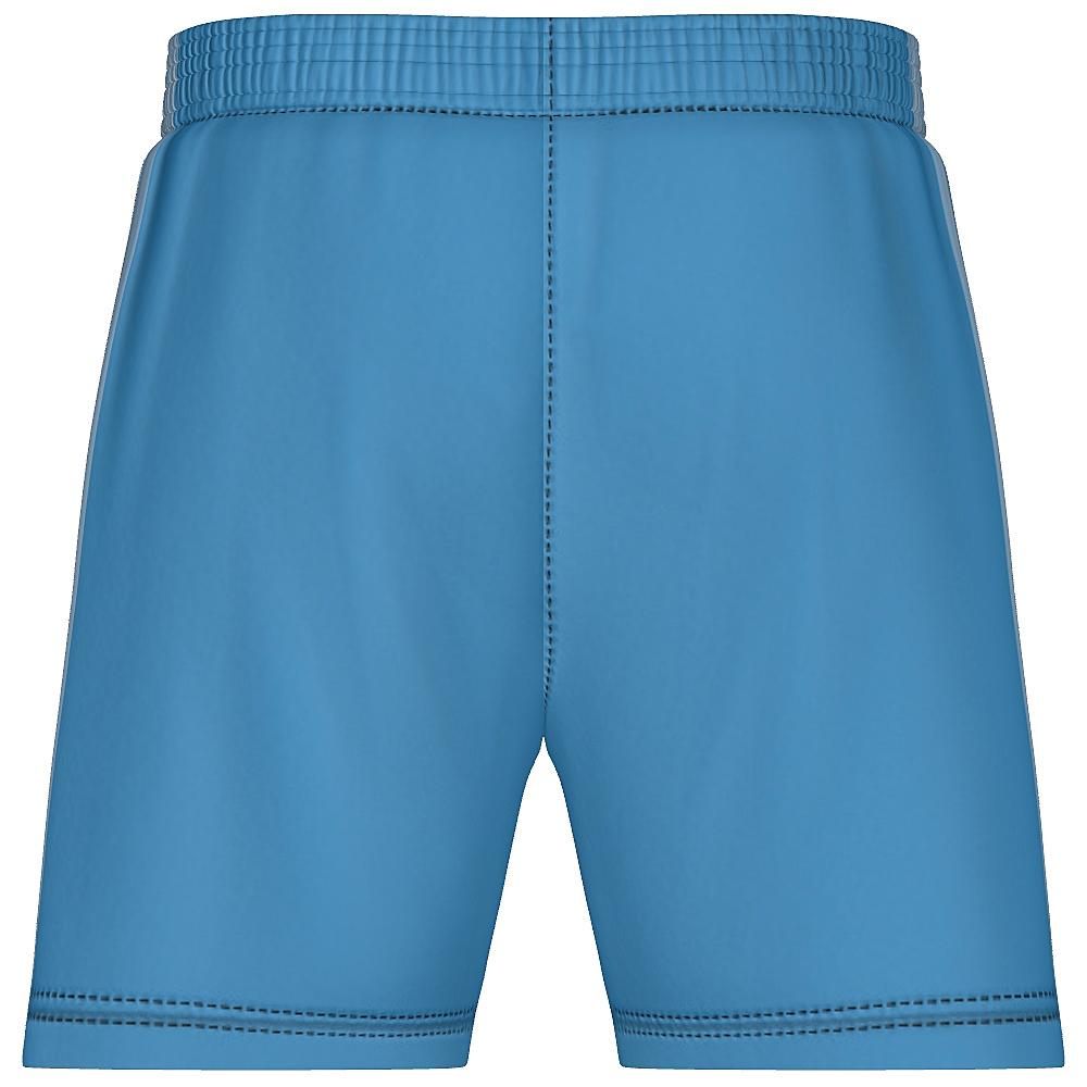 Blue shorts with contrasting blue side stripes on a white background